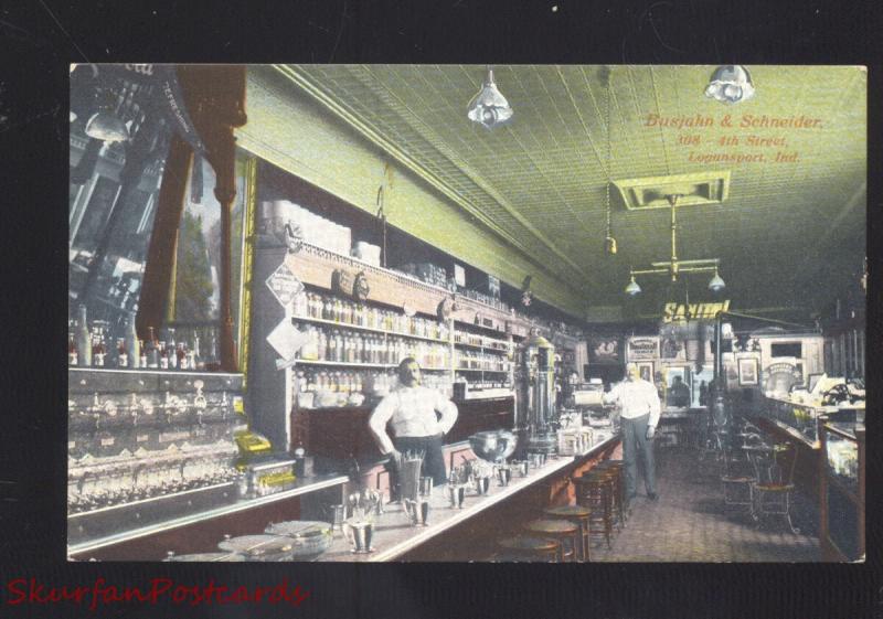 LOGANSPORT INDIANA BUSJAHN & SCHNEIDER DRUG STORE INTERIOR VINTAGE POSTCARD