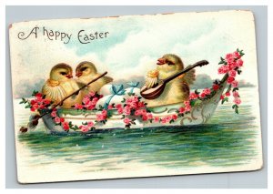 Vintage 1909 International Art Easter Postcard Cute Chicks Rowboat Eggs Blue Bow