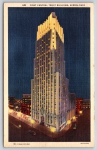 Akron Ohio~First Central Trust Building Night Lights~Vintage Linen Postcard