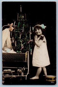 c1910's Christmas Tree Pretty Child Girl With Doll Toys RPPC Photo Postcard