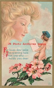 6 Fantasy Postcards, Kaplan No 57, Woman's Head in Clouds, Cupid with Flowers