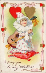 Valentine's Day 'I Pray You Be My Valentine' Guitar c1913 Stecher Postcard F84