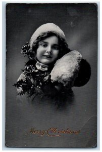 Christmas Postcard Pretty Little Girl With Holly Berries Studio Sheldahl IA 1914