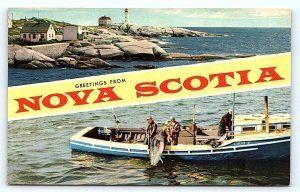 Greetings From NOVA SCOTIA, Canada ~ FISHING & LIGHTHOUSE Scenes c1950s Postcard