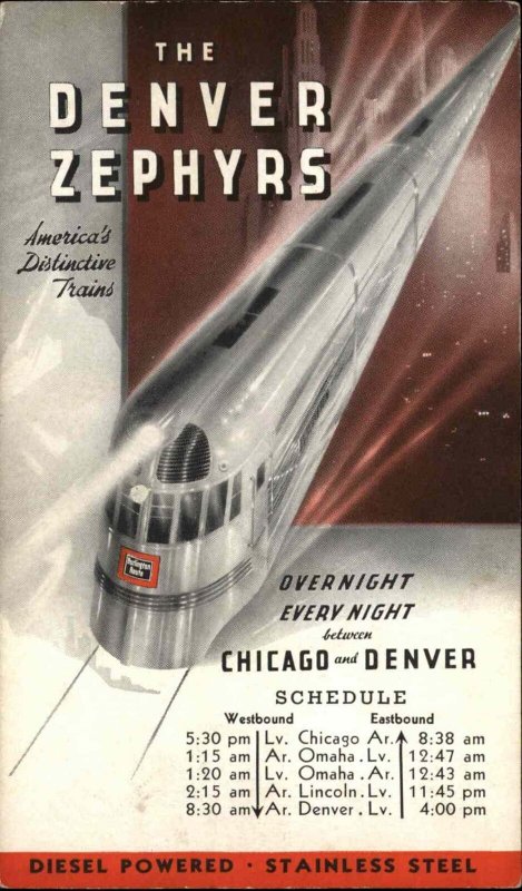 Denver Chicago Zephyr Train Schedule on Front Burlington Route Adv Postcard