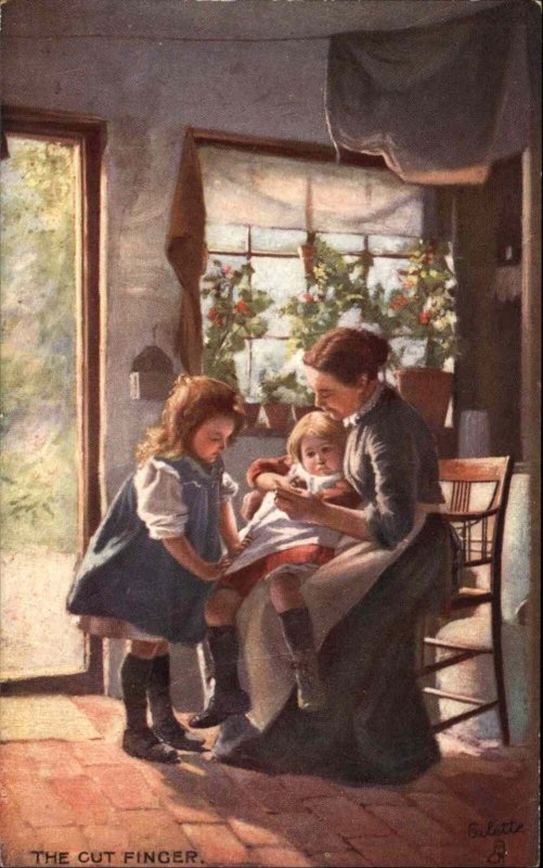 Tuck Mother and Daughter Tend Little Sister's Cut Finger c1910 Vintage Postcard