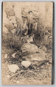 RPPC Man Standing On Rocks In Forest Real Photo Postcard B39