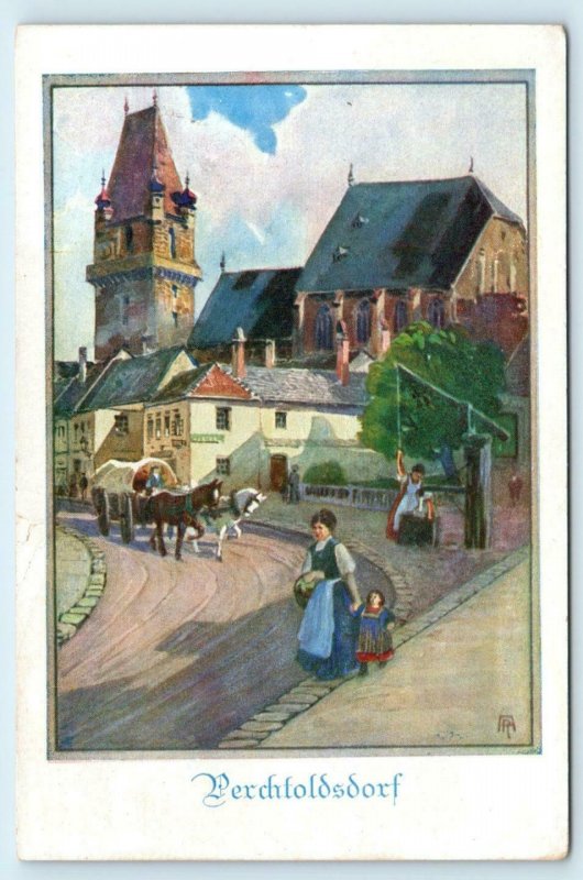 PERCHTOLDSDORF, Austria ~ Village STREET SCENE c1920s Artist Signed Postcard