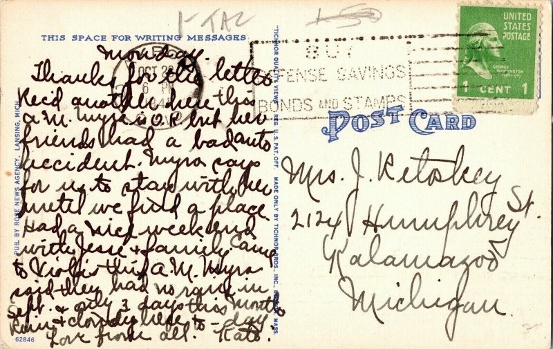 New US Post Office Lansing Michigan MI Vintage Linen Postcard Flag Old Car WOB 