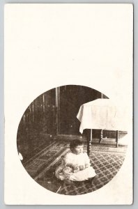 RPPC Cute Baby on Carpet with Antique China Doll Round Masked Photo Postcard F26