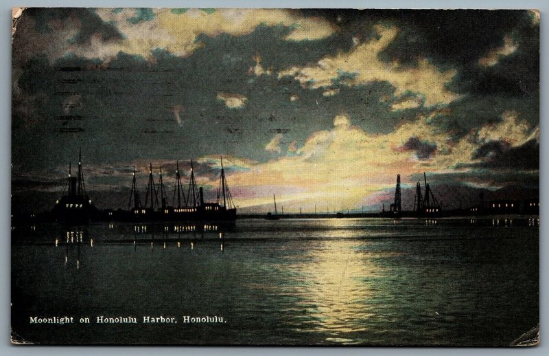 Postcard Honolulu HI c1921 Moonlight on Honolulu Harbor Pre-Statehood Curio Co.