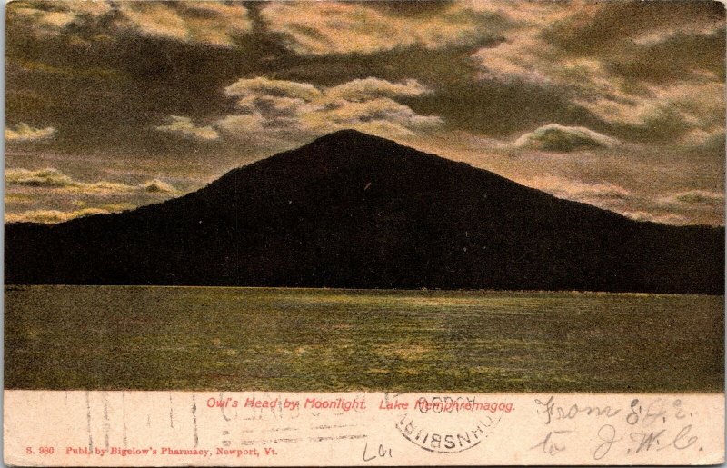 VINTAGE POSTCARD MOONLIGHT AT OWL'S HEAD LAKE MEMPHREMAGOG QUEBEC 1907 UB {rare}