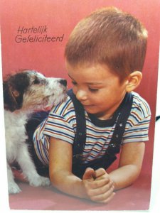 Little Boy With Elderly Jack Russell Dog Vintage Greetings Postcard