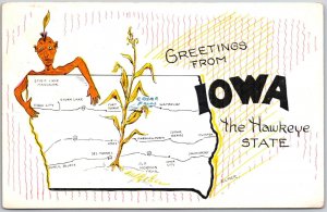 Iowa State Map Greetings Hawkeye, Corn, Elmer Anderson Comic, Vintage Postcard