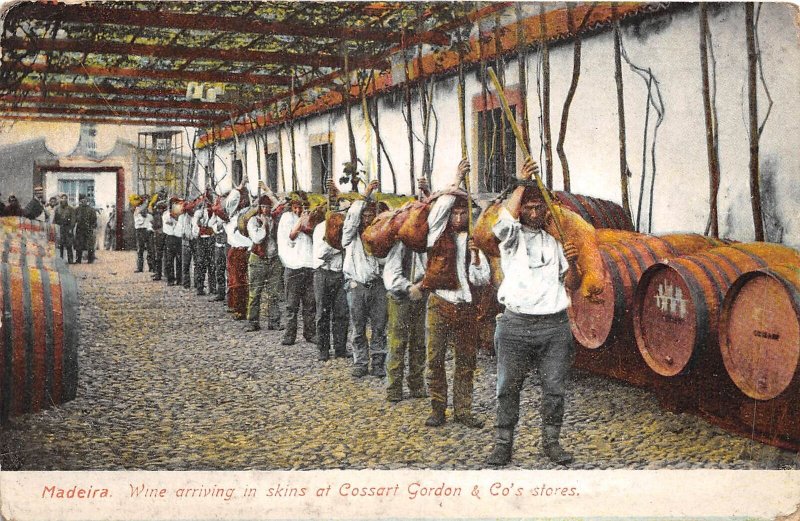 US25 postcard Spain Madeira wine carried in skins at Cossart traditions 