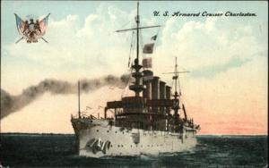 US Armored Cruiser Charleston Military Ship c1910 Postcard