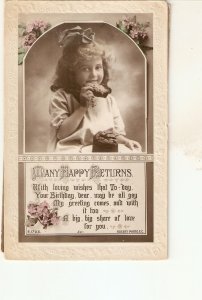 Little girl easting a pie. Berthday message  Old viintage Engliish Birthday