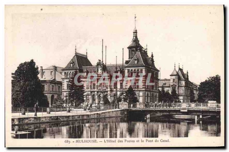 Old Postcard Mulhouse Hotel Post and the Canal Bridge