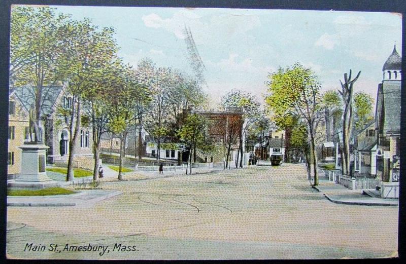 VINTAGE 1909 POSTCARD MAIN STR. AMESBURY MASSACHUSETTS railroad railway trolley