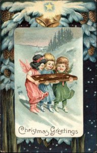 Christmas Fantasy Little Girl Angels Giant Cracker c1910 Vintage Postcard