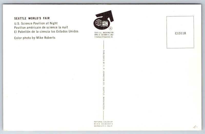 Seattle Washington~World's Fair~US Science Pavilion @ Night~1962 Postcard