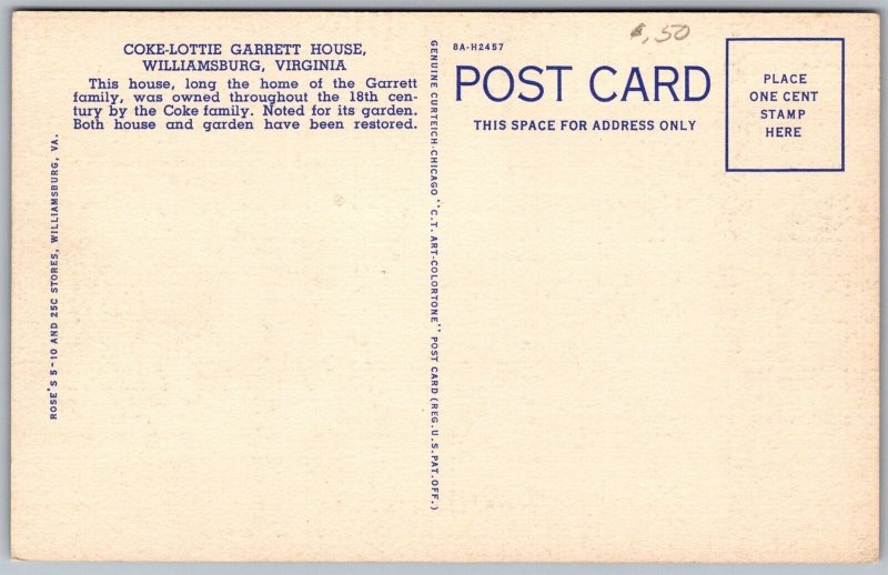 Vtg Williamsburg Virginia VA Coke Garrett House 1930s View Linen Old Postcard