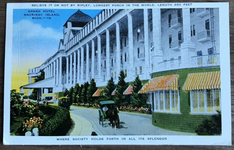 Postcard Used “Grand Hotel”  Mackinac Island MI PM/1954 L31