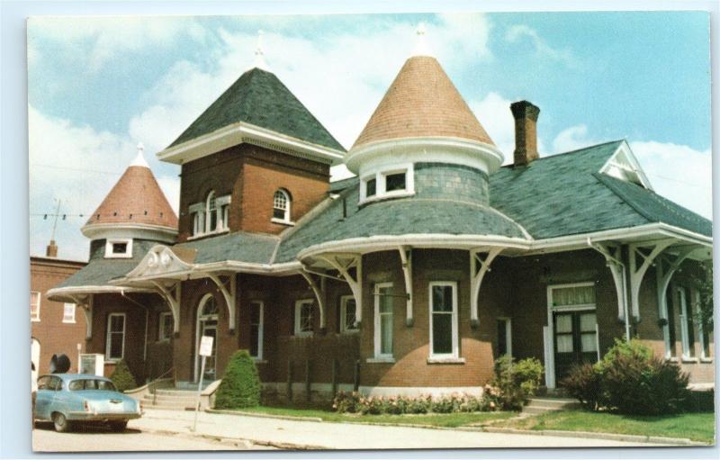 Petrolia Ontario Canada Main Street Library CNR Station Car Vintage Postcard D34