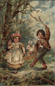 PFB No. 4038 Easter Children and Bunny Fantasy Gilt Embossed c1910 Postcard