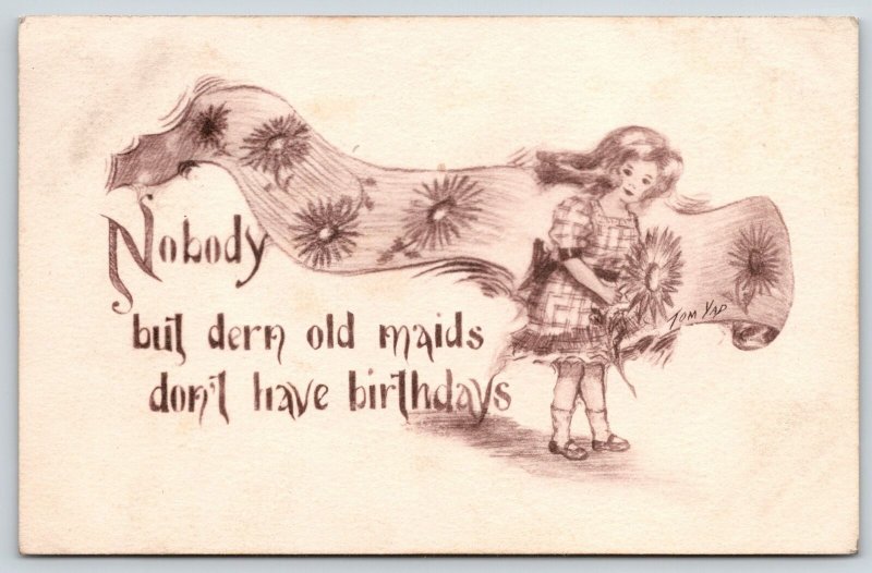 Cobb Shinn~Only Old Maids Don't Have Birthdays~Girl With Daisies~1912 Sepia Yad