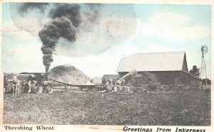 Vintage Postcard 1920's Threshing Wheat Greetings From Inverneas Smoke Factory