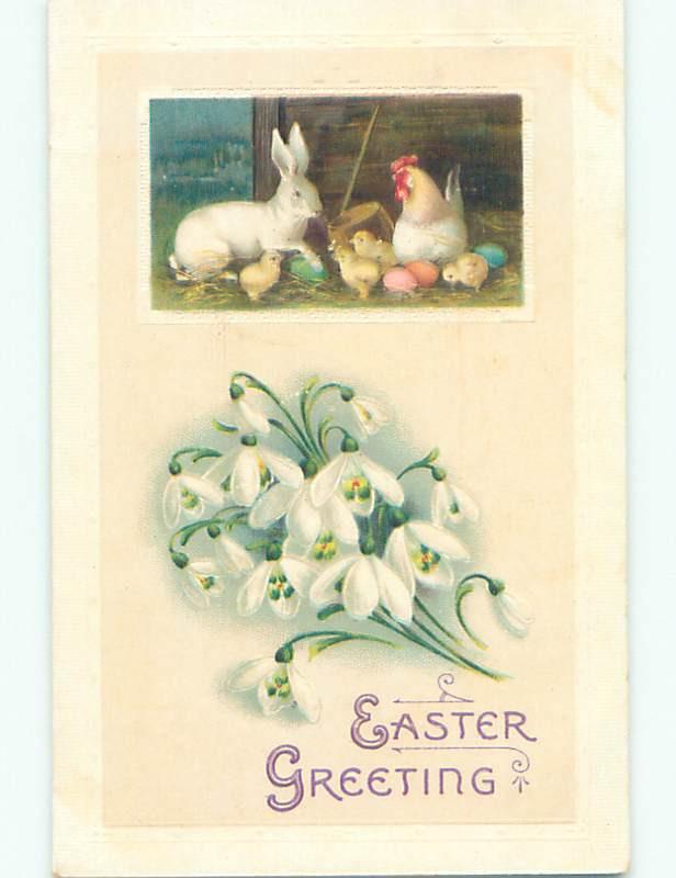Unused Pre-Linen easter BUNNY RABBIT WITH CHICKS AND MOTHER HEN k2085