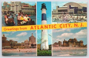 State View~Banner Greetings From Atlantic City NJ~5 Views~Lighthouse~Vintage PC 