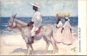 Man on Donkey, Women with Baskets On the Beach Tucks 7050 Barbadoes Postcard V61