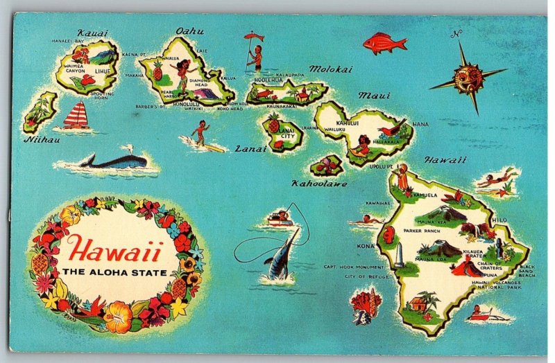 Map Islands of Hawaii Facts About the State Hawaii Postcard Posted 1973