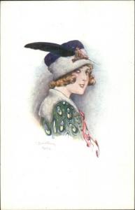 Santino - Beautiful Woman Pretty Dress Hat & Feather - Paris c1910 Postcard