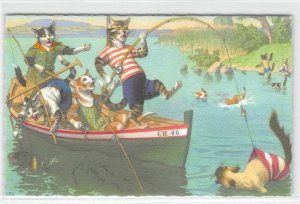 Cats Fishing Boat Swimming Mainzer Belgium #4887 Vintage Fantasy Anthropomorphic