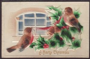 Merry Christmas,Birds,Holly,Embossed Postcard