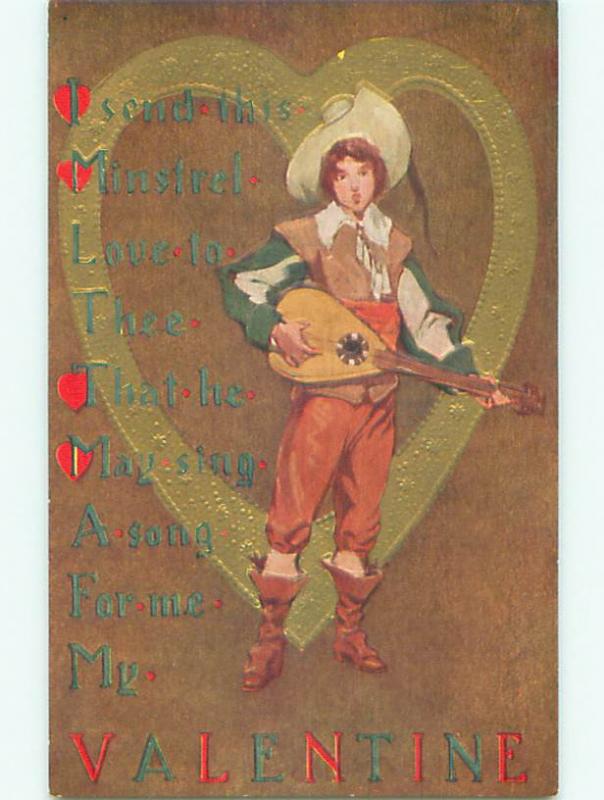 Pre-Linen valentine MAN IN WESTERN COWBOY HAT PLAYS MANDOLIN GUITAR MUSIC J0585