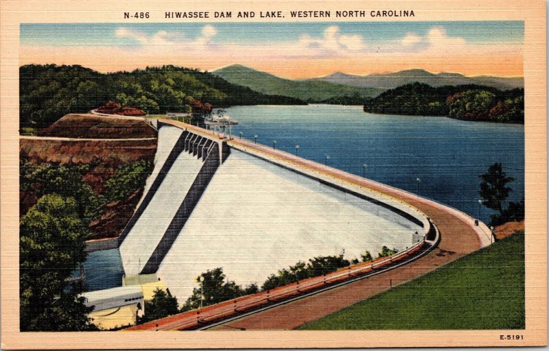 Hiwassee Dam Lake Western North Carolina NC TVA Linen Postcard VTG UNP Sunset 