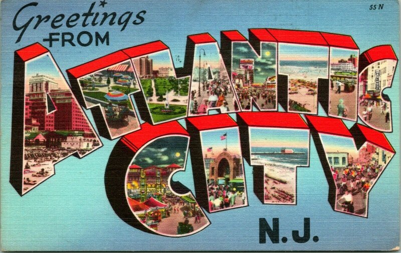 Vtg Linen Postcard Large Letter Greetings From Atlantic City New Jersey NJ