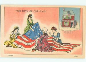 Linen Patriotic BETSY ROSS SEWING THE USA FLAG AC0907@