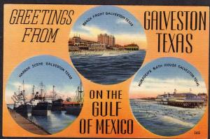 TX Grettings From Galveston Texas Large Letter Postcard Linen Murdoch's Bath PC