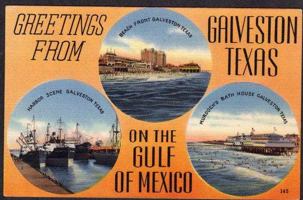 TX Grettings From Galveston Texas Large Letter Postcard Linen Murdoch's Bath PC