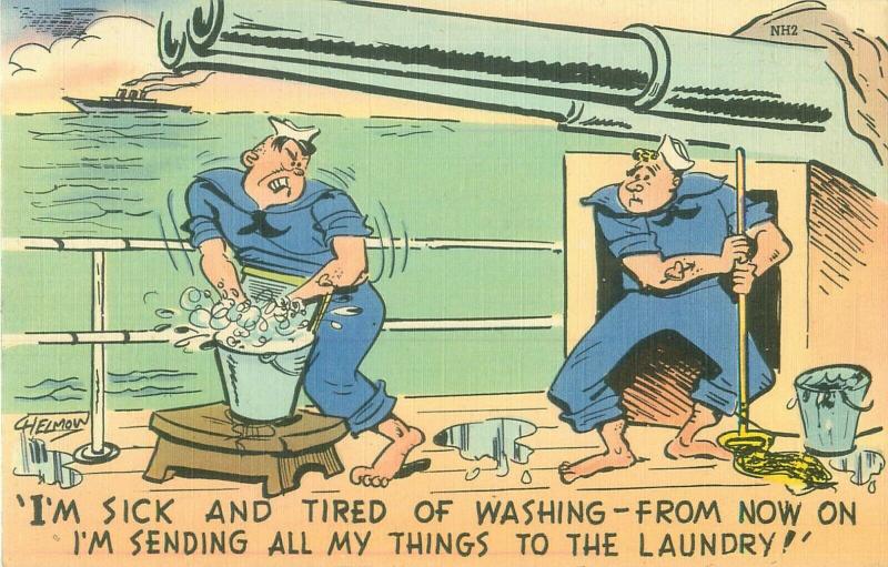 Sailor Doing Laundry Aboard Ship  by Chelmow Comic Linen Navy Postcard