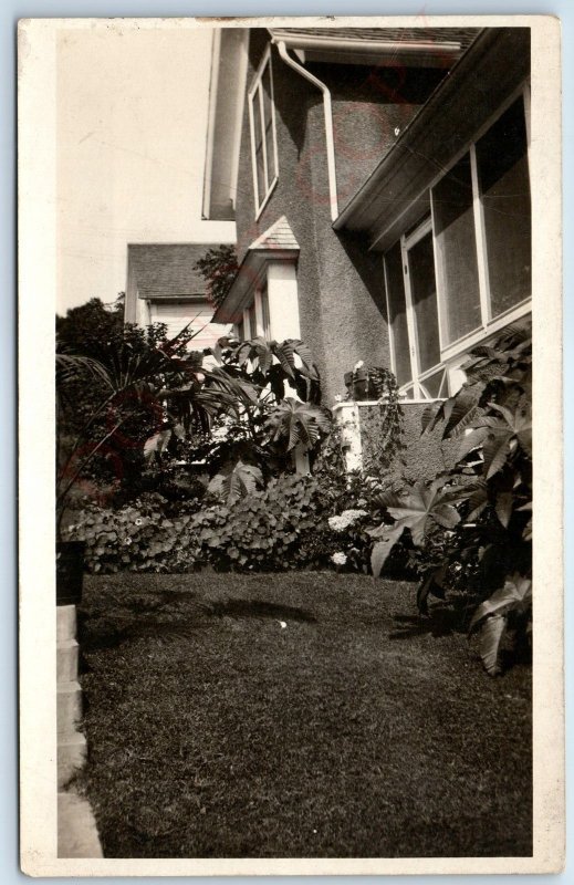 c1920 Outdoors House RPPC Plants Flowers Real Photo Postcard Antique Grass A96