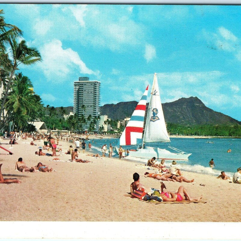 c1970s Waikiki, HI Beach Sailboat Palm Trees Diamond Head Chrome 4x6 PC M15