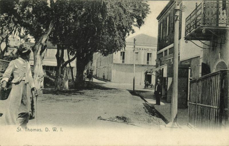 Danish West Indies, St. Thomas, D.W.I., Street Scene with Grand Hotel (1910s)