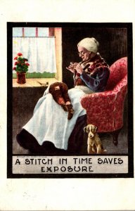 Humour Woman Mending Boy's Pants A Stitch In Time Saves Exposure 1910