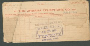 URBANA OHIO-TELEPHONE COMPANY BILL-PHONE #C E 17~1910 BILLHEAD